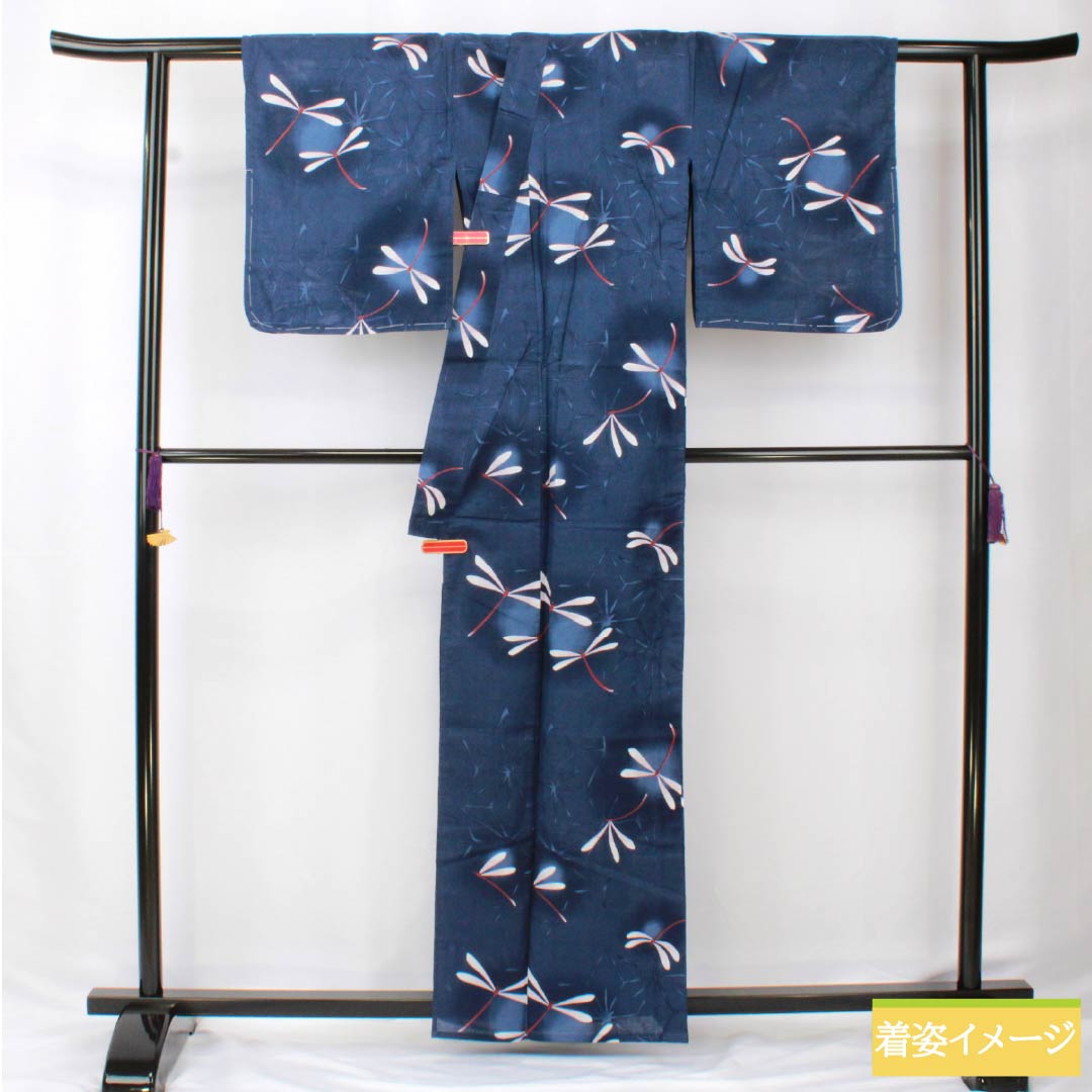 Cotton Yukata, Length 162cm, Sleeve Length 65.5cm, S Rank, Single Layer, Navy Blue, Dragonfly, Rabissan Luce, 1118006022418