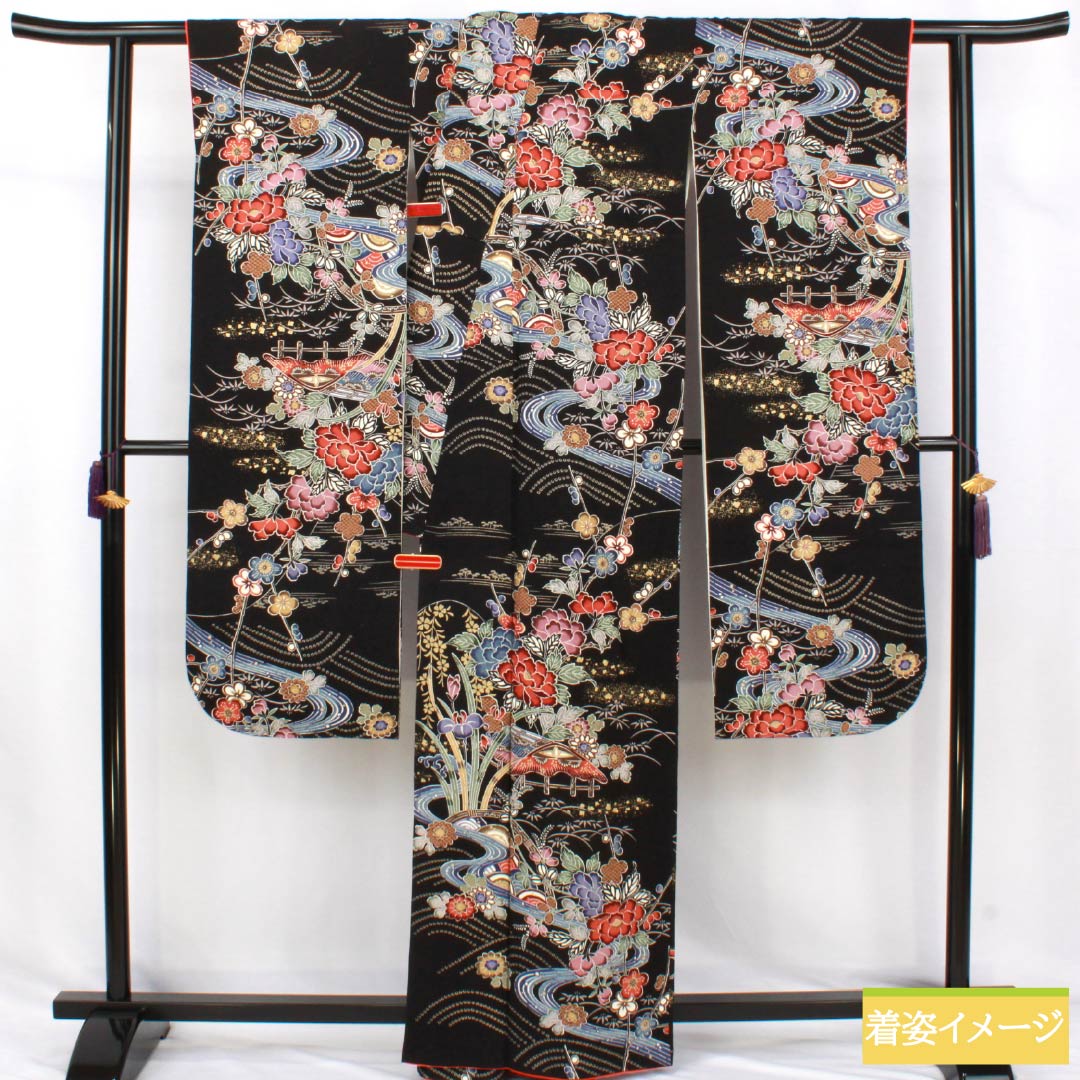 振袖 正絹 Sランク 身丈162cm 裄丈66.5cm 袷 京友禅 重ね衿付き 吉祥文様 牡丹 梅 流水 黒系 1113002792410