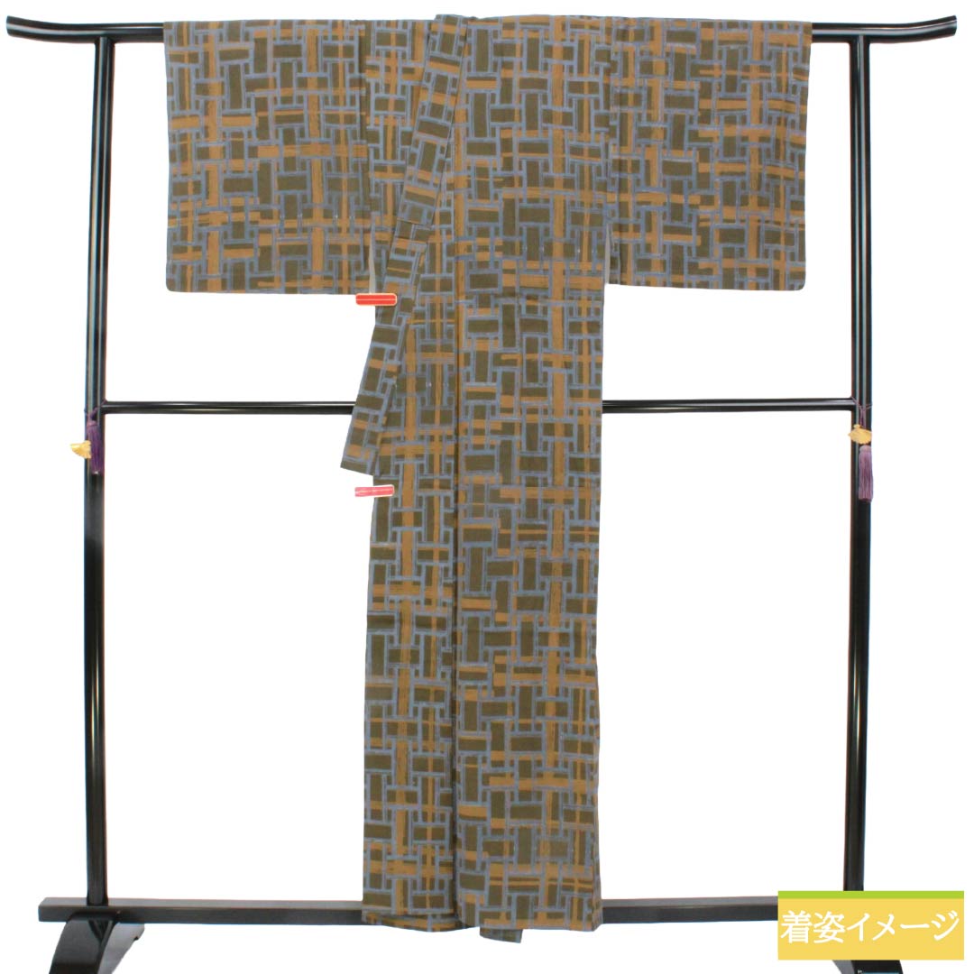 メンズ浴衣 木綿 Sランク 身丈157.5cm 裄丈70cm 煤色（すすいろ） 幾何学模様 単衣 茶系 1138000982514