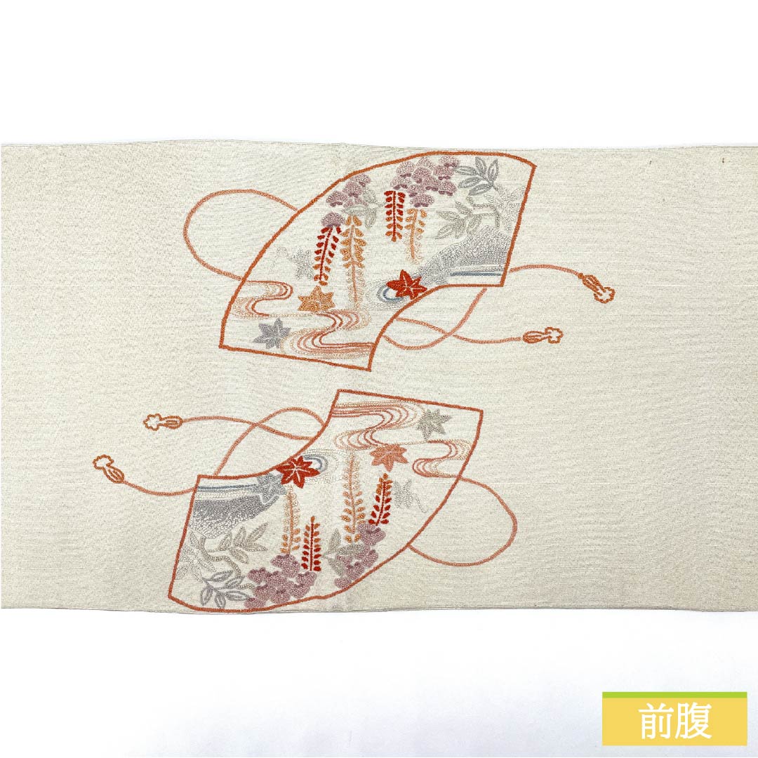 袋帯 正絹 胡粉色（ごふんいろ） 綴れ織 相良刺繍 扇面 牡丹 帯丈448cm Aランク ポイント柄 フォーマル 白系 1123012653311