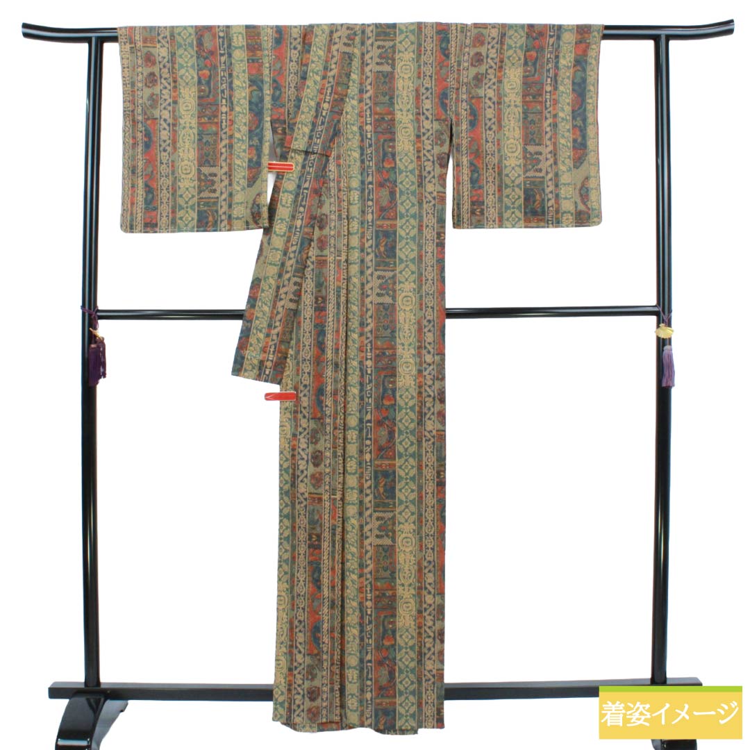 小紋 ポリエステル Aランク 身丈162cm 裄丈66cm 単衣 洗える着物 壁画模様 マルチカラー 1115008103428