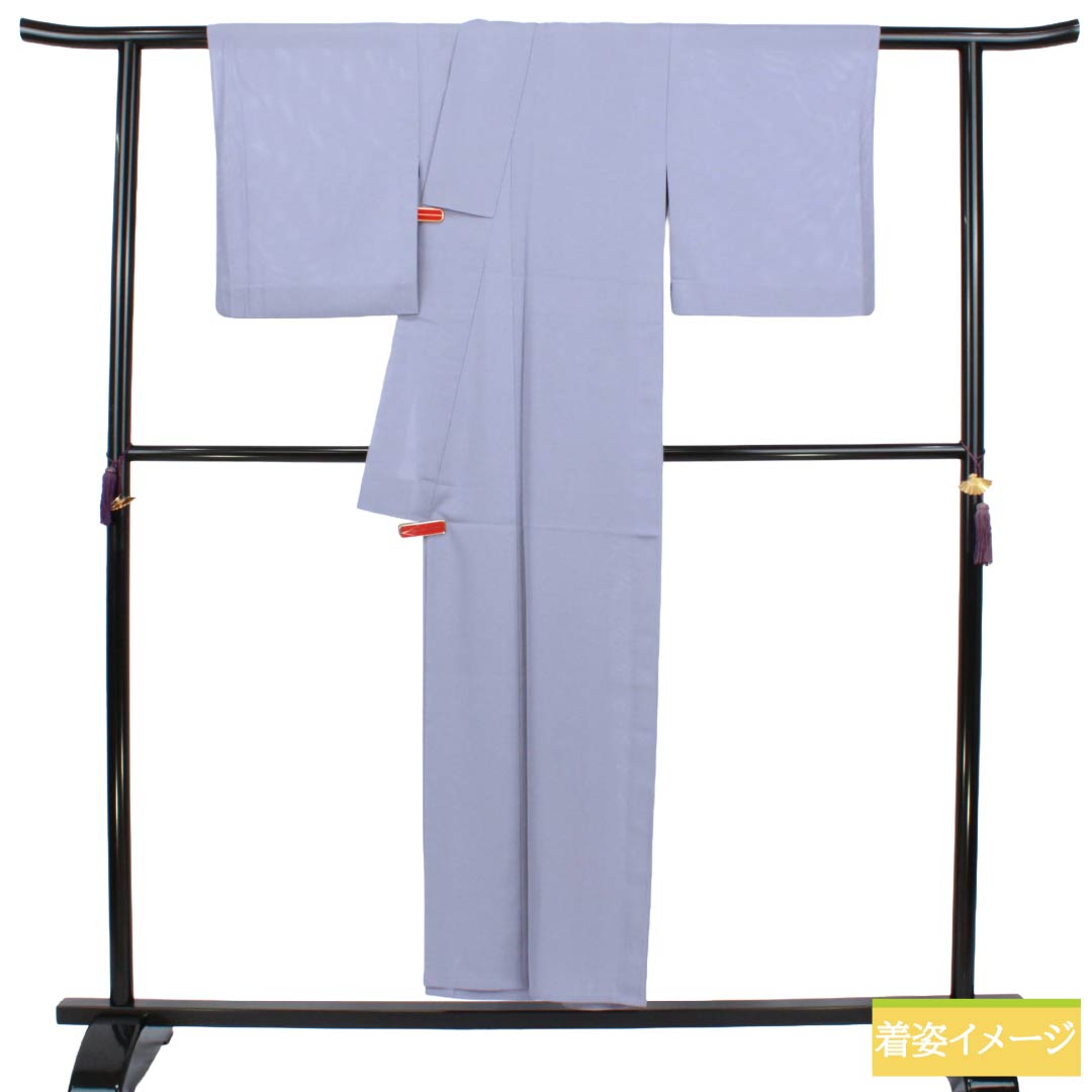 夏物 ポリエステル 色無地 Sランク 身丈150.5cm 裄丈63cm つるば鼠色（つるばねずいろ） 羽田登喜男監修 一つ紋 丸に違い鷹の羽 絽 紫系 1132005522120