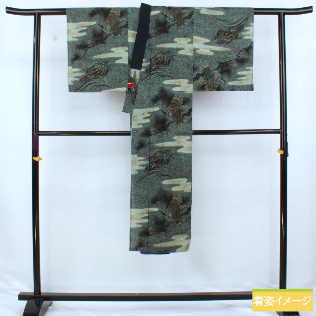 男物長襦袢 ウール Sランク 身丈130cm 裄丈62.5cm 鉄御納戸色（てつおなんどいろ） 鷲 松 単衣 緑系 1140000642319