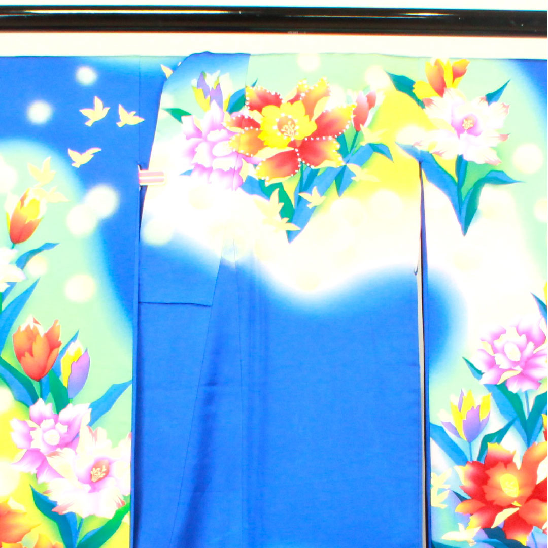 振袖 身丈176.5cm 裄丈64cm 袷  瑠璃色 花鳥模様  正絹 Bランク 紺系 1113001484818