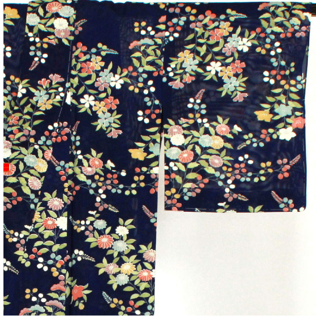 小紋 身丈159cm 裄丈62cm 絽  駒絽 花模様  正絹 Aランク 紺系 1115000743318