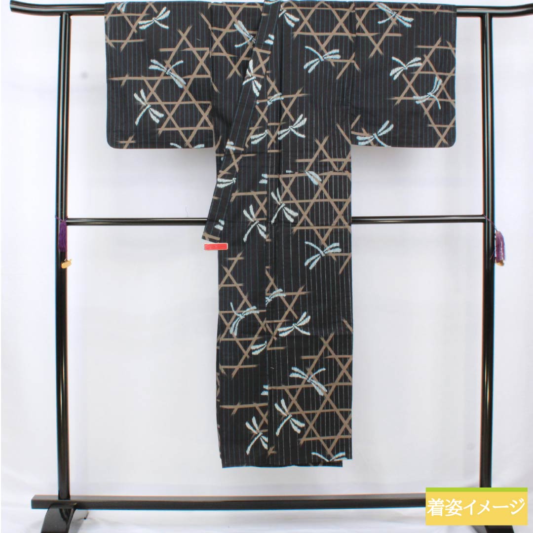 Men's Cotton Yukata, Length 141.5cm, Sleeve Length 61cm, Betel Nut Black (Binrou Jiguroiro) Design, Dragonfly Basketweave Pattern, S Rank, Single Layer, Navy Blue, 1138000042418