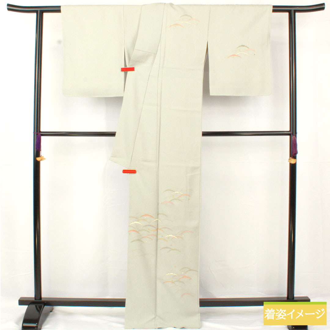 訪問着 正絹 袷 身丈168.5cm 裄丈63.5cm 魚肚白色（ぎょとはくいろ） 京友禅 露芝 しつけ糸付き Sランク グレー系 1112005002522