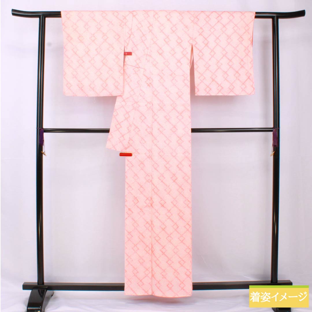 小紋 正絹 身丈158.5cm 裄丈65cm 袷 珊瑚色（さんごいろ） 絞り 色紙つなぎ Bランク ピンク系 1115005584313