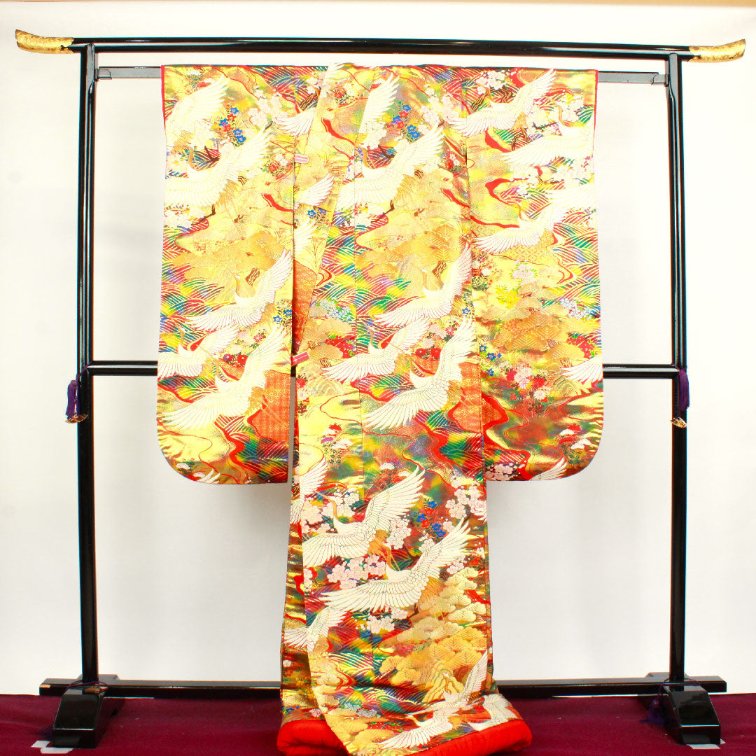 色打掛 身丈182cm  唐織 鶴 松 梅 波 正絹 Sランク 袷 グラデーション系 1110000582999