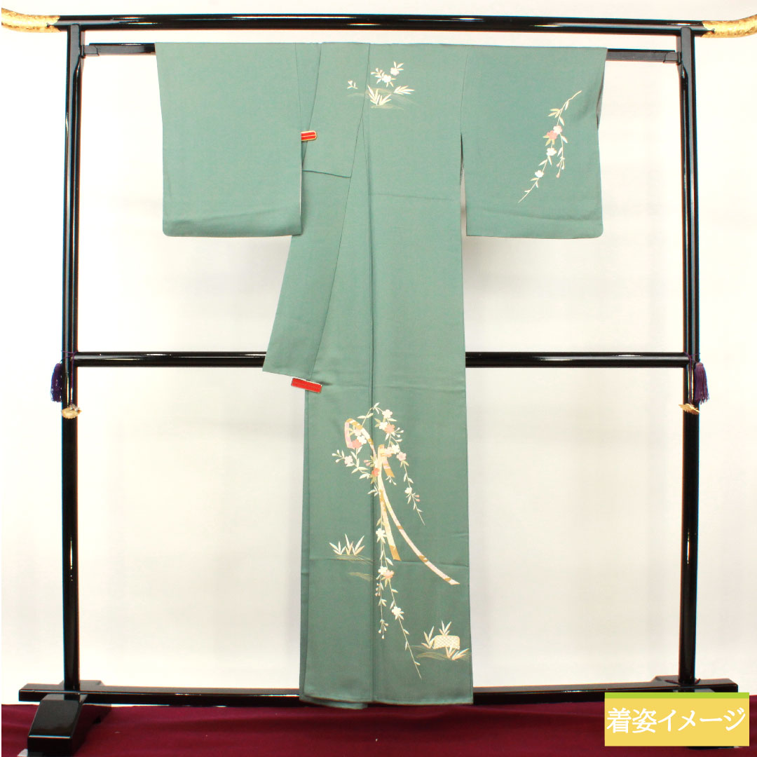 Homongi, pure silk, lined, length 156cm, sleeve length 65.5cm, rust celadon color, Kyo-Yuzen, auspicious pattern, A rank, green, 1112003673319
