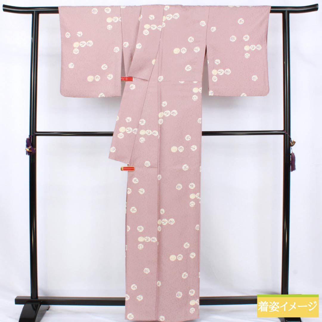 小紋 ポリエステル Sランク 身丈162cm 裄丈64.5cm 単衣 浪花鼠色（なにわねずいろ） 型染 丸 抽象模様 洗える着物 ピンク系 1115007972413