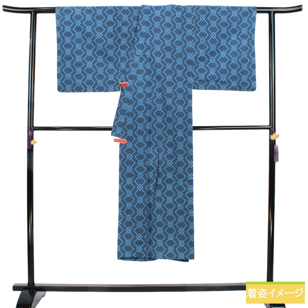 メンズ浴衣 木綿 Sランク 身丈139.5cm 裄丈68cm 幾何学模様 単衣 青系 1138001182317