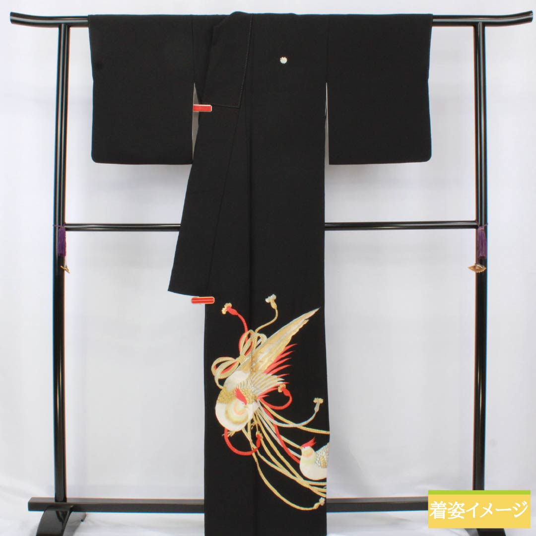 黒留袖 正絹 Aランク 身丈161.5cm 裄丈64cm 袷 五つ紋 揚羽蝶 刺繍 鳥 組紐 五つ紋 黒系 1111001813410