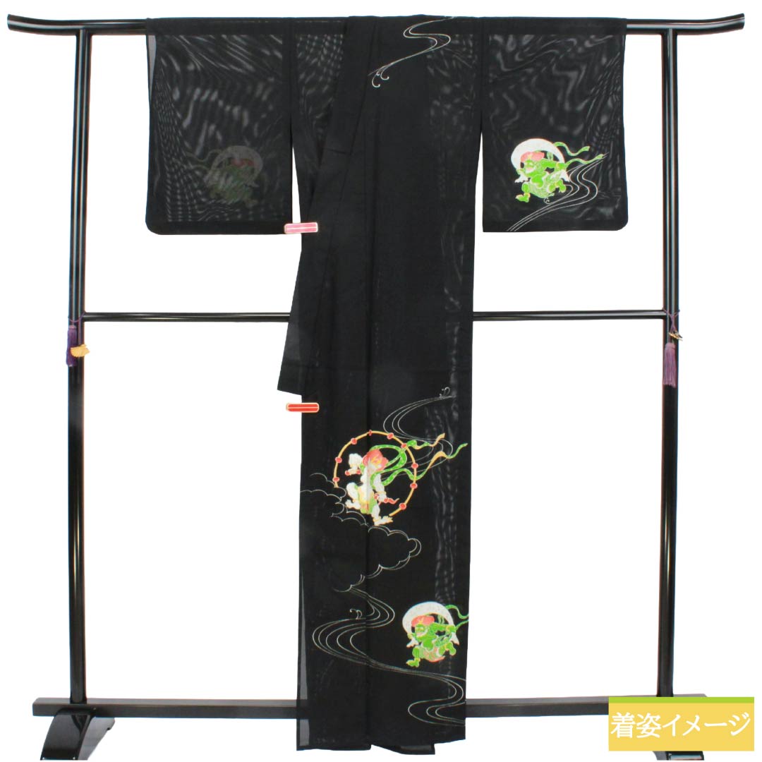 夏物 ポリエステル 付下げ Aランク 身丈161cm 裄丈64.5cm 洗える着物 風神雷神 絽 黒系 1132006283410
