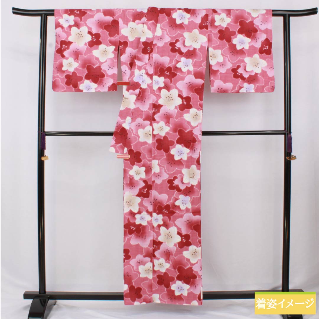 浴衣 木綿 身丈158.5cm 裄丈68.5cm Sランク 単衣 ピンク系 桃紅色（とうこうしょく） 花 1118006452313