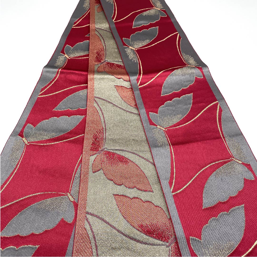 半幅帯 ポリエステル ワインレッド色 蝶 帯丈344cm 紫系 Aランク 1125001743320