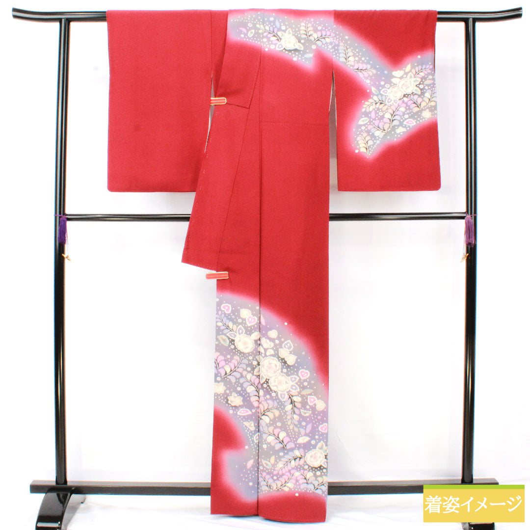 訪問着 正絹 袷 身丈163.5cm 裄丈64.5cm 臙脂色（えんじいろ） 辻ヶ花 Aランク 赤系 1112005823412