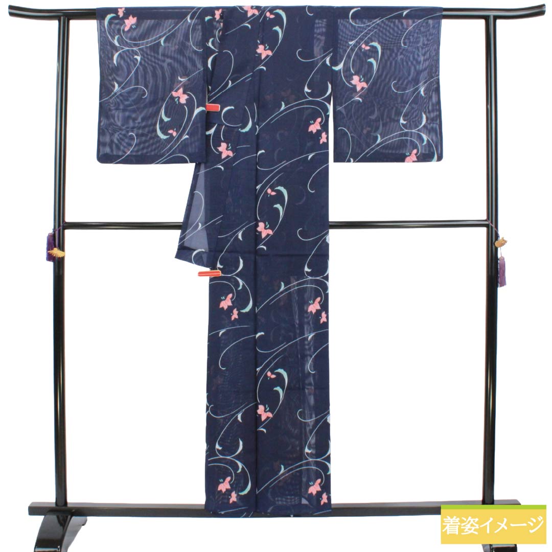 「縁」146ｃｍ～152ｃｍ 夏物 駒絽 濃紺色 色無地 梅鉢 正絹 Ｃ００１ リサイクル着物】夏物 ポリエステル 小紋 Sランク 身丈154cm 裄丈64cm