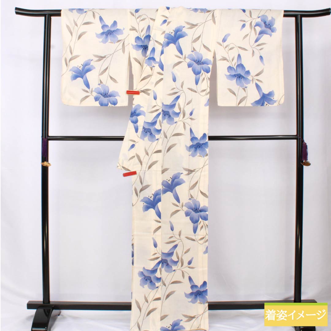 浴衣 木綿 身丈167.5cm 裄丈70cm Aランク 単衣 クリーム系 薄肉色（うすにくいろ） 百合 1118006223515