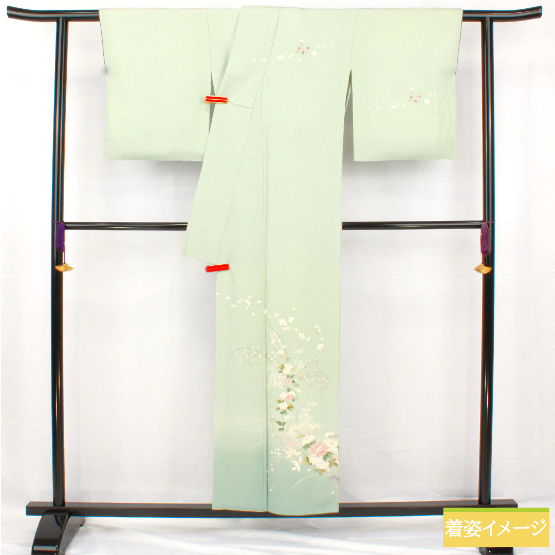 訪問着 正絹 袷 身丈153cm 裄丈65.5cm 秘色（ひそく） 京友禅 桜 椿 菊 スーパーガード加工 Aランク 水色系 1112005503224