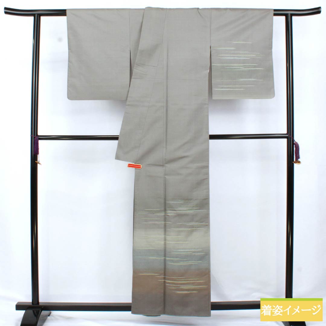 訪問着 正絹 Sランク 袷 身丈158cm 裄丈65cm 素鼠色（すねずいろ） 白山紬 パールトーン加工 ステッチ グレー系 1112006112322