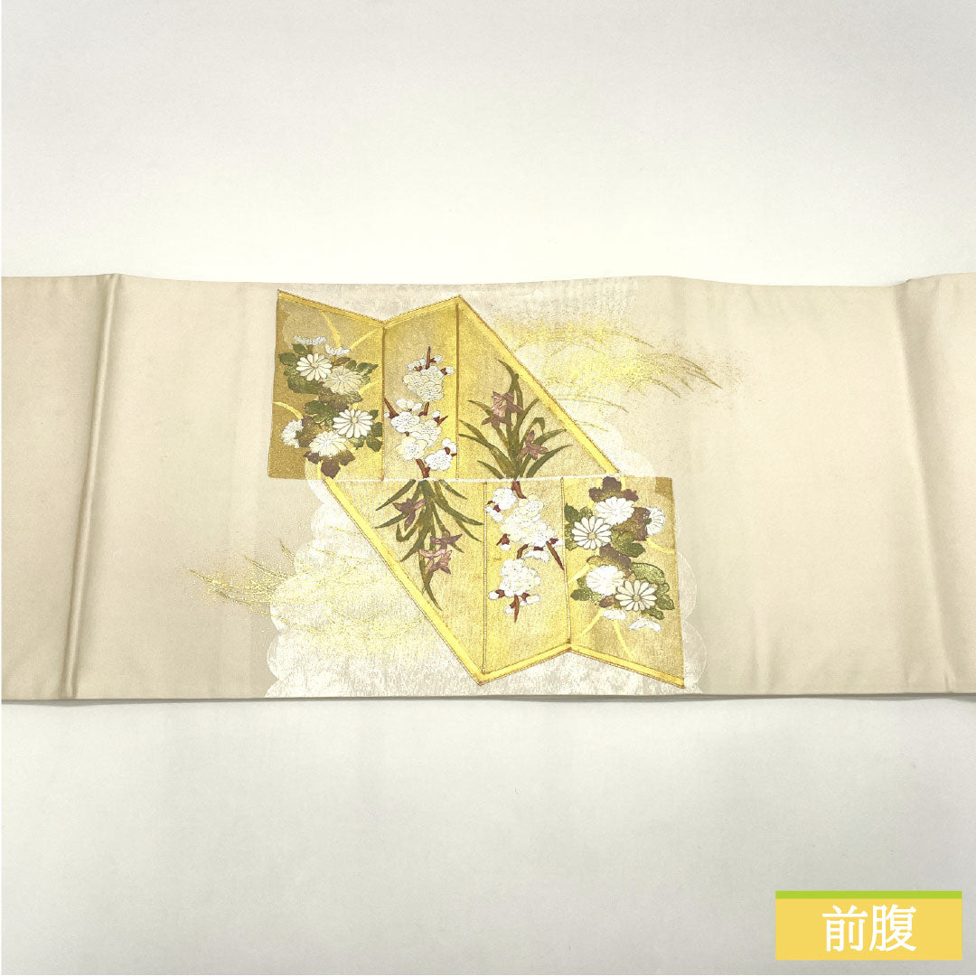 袋帯 正絹 Aランク 引箔 西陣織 部分刺繍 衝立 草花模様 帯丈426cm ポイント柄 フォーマル 銀系 1123016473322