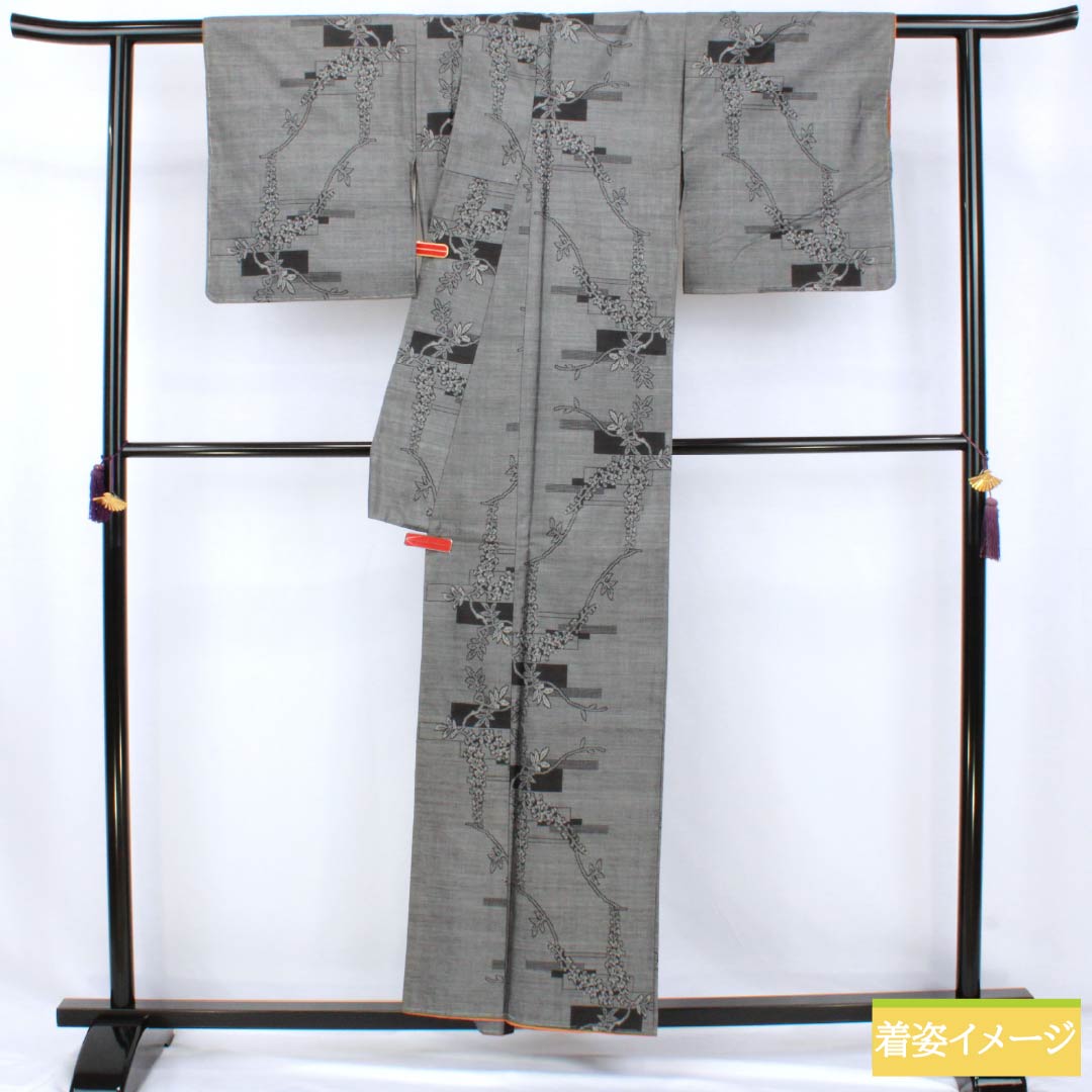 紬 正絹 Sランク 身丈155.5cm 裄丈62.5cm 灰色（はいいろ） 村山大島 草花 しつけ糸付き 袷 グレー系 1116004622322