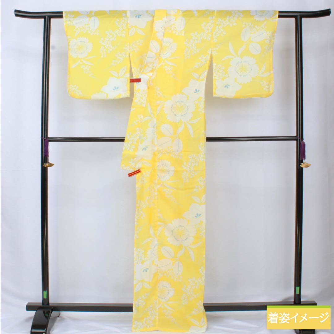 （新品未使用品） 浴衣 ポリエステル 身丈167.5cm 裄丈65cm NEWランク 単衣 黄系 黄色 花柄 桔梗 萩 1118005741523