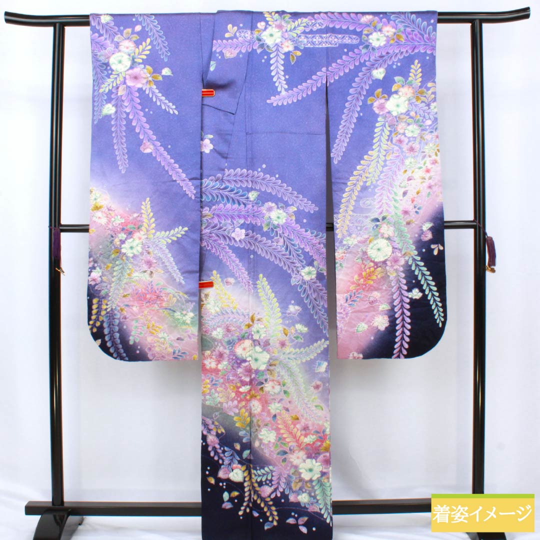 振袖 正絹 Bランク 身丈164cm 裄丈64.5cm 袷 竜胆色（りんどういろ） 京友禅 辻ヶ花 銀通し 絞り ソフトガード加工 紫系 1113002134420