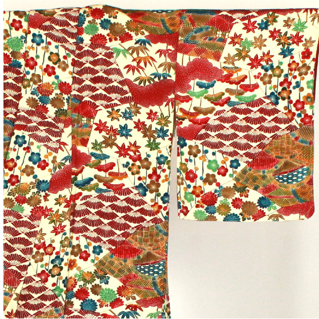 小紋 身丈156cm 裄丈64cm 袷  型染 松竹梅 吉祥文様  正絹 Sランク クリーム系 1115001722315