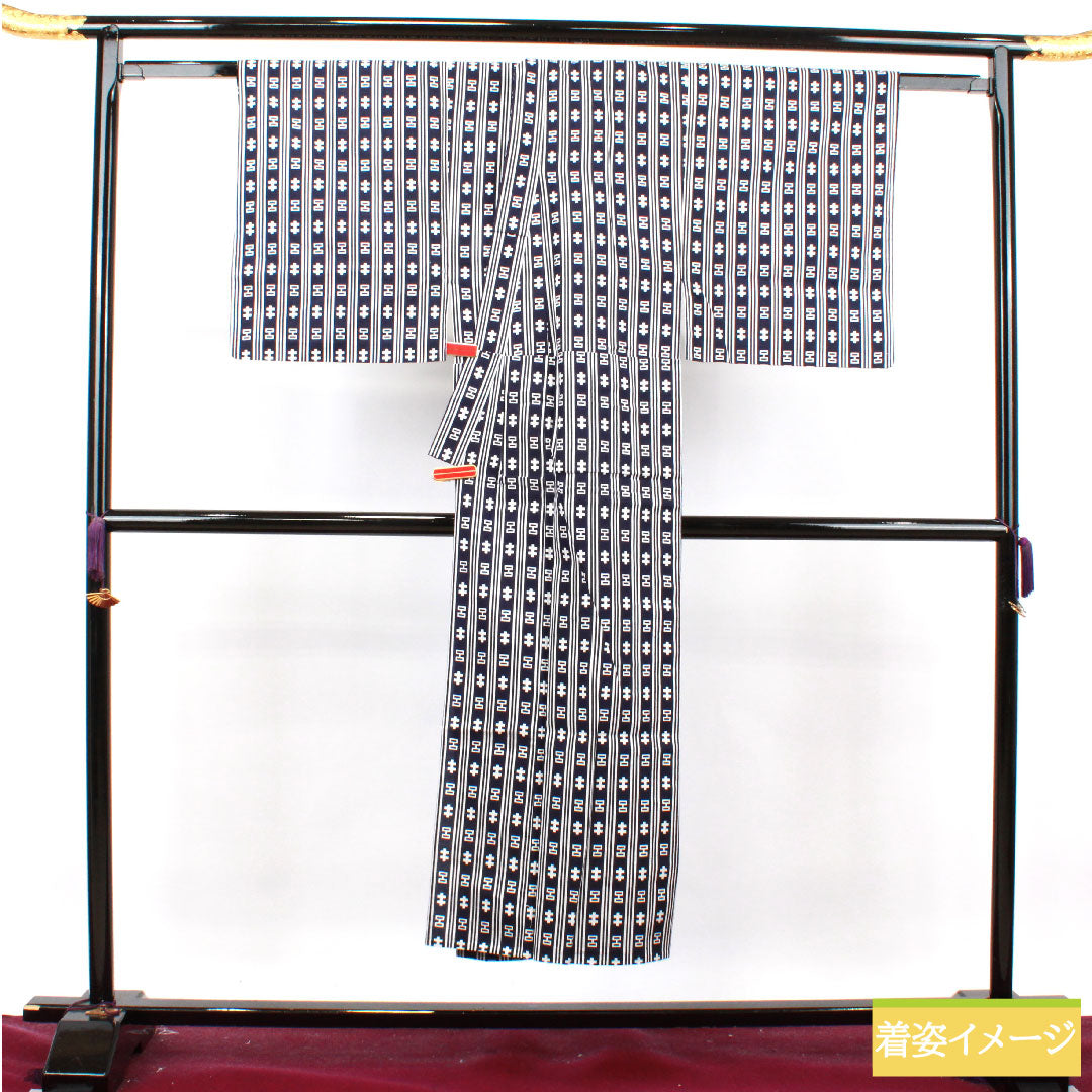 浴衣 木綿 身丈144.5cm 裄丈67cm Sランク 単衣 紺系 濃紺色（のうこんいろ） 男物 幾何学模様 1118004932418