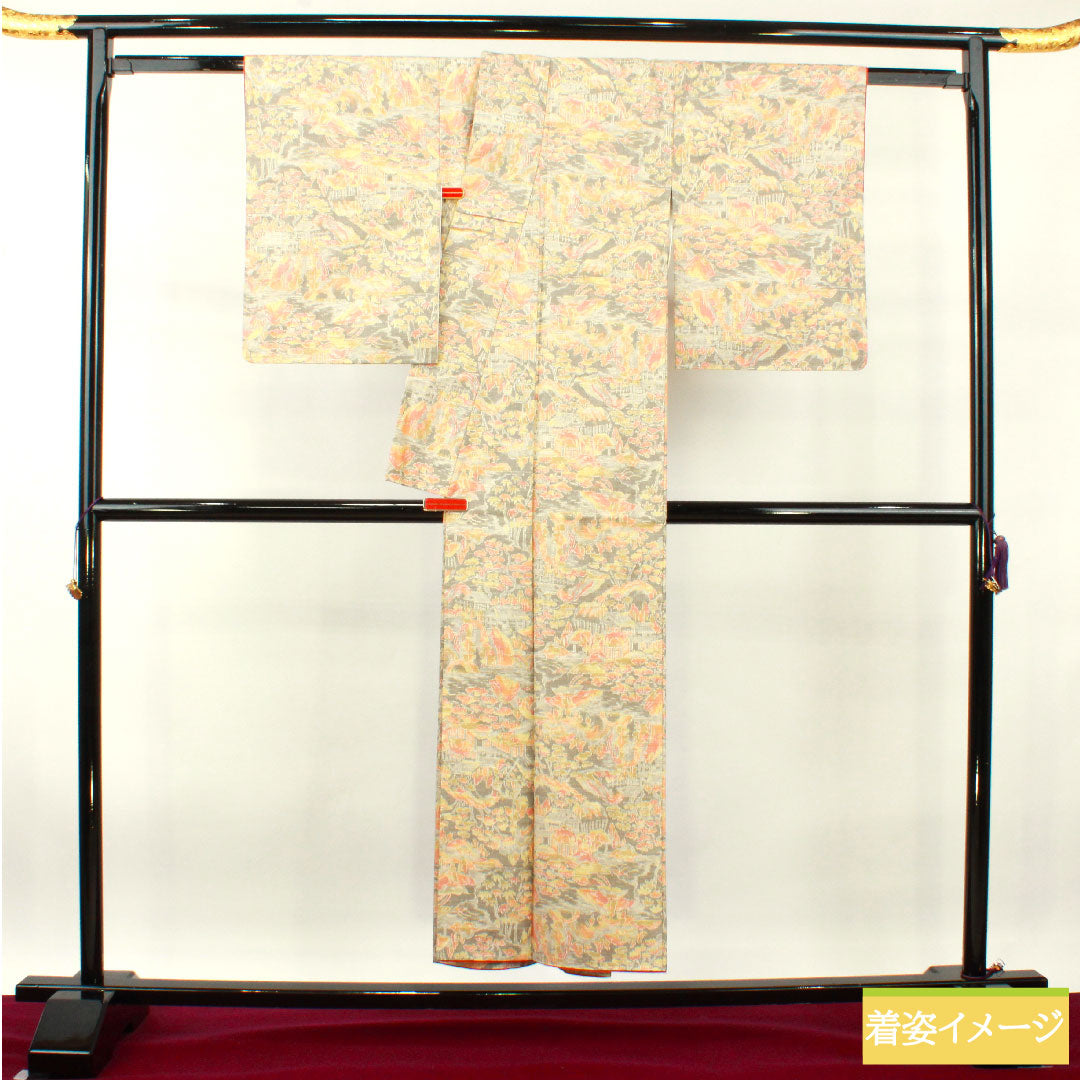Tsumugi silk, length 150.5cm, sleeve length 62cm, silk grey, landscape pattern, basting thread included, unused, S rank, lined, grey, 1116003402122