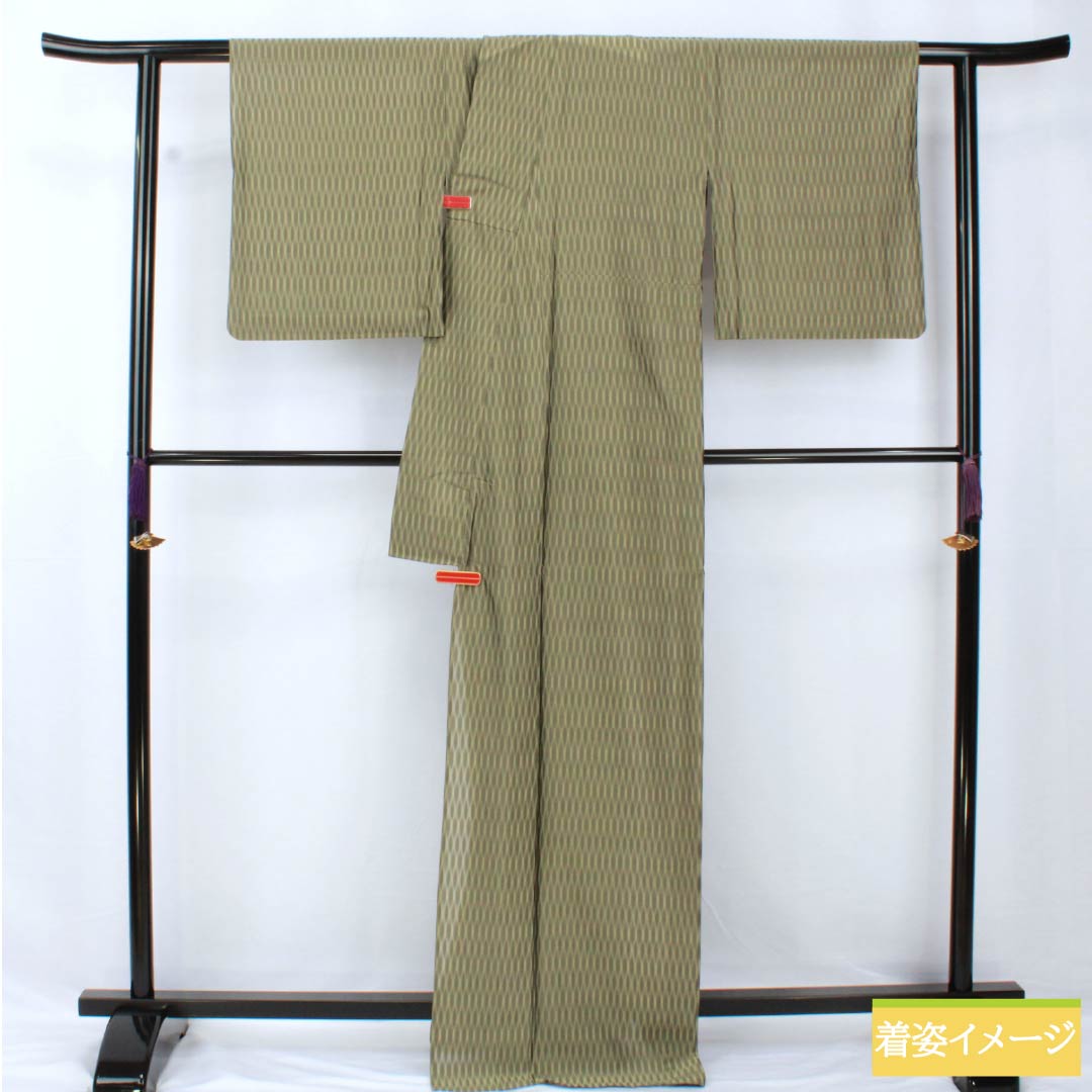 夏物 正絹 紬 身丈172cm 裄丈67cm 鈍色（にびいろ） 関絹織物 薩摩透かし織 本場縞大島 紗 Aランク 緑系 1132001983619