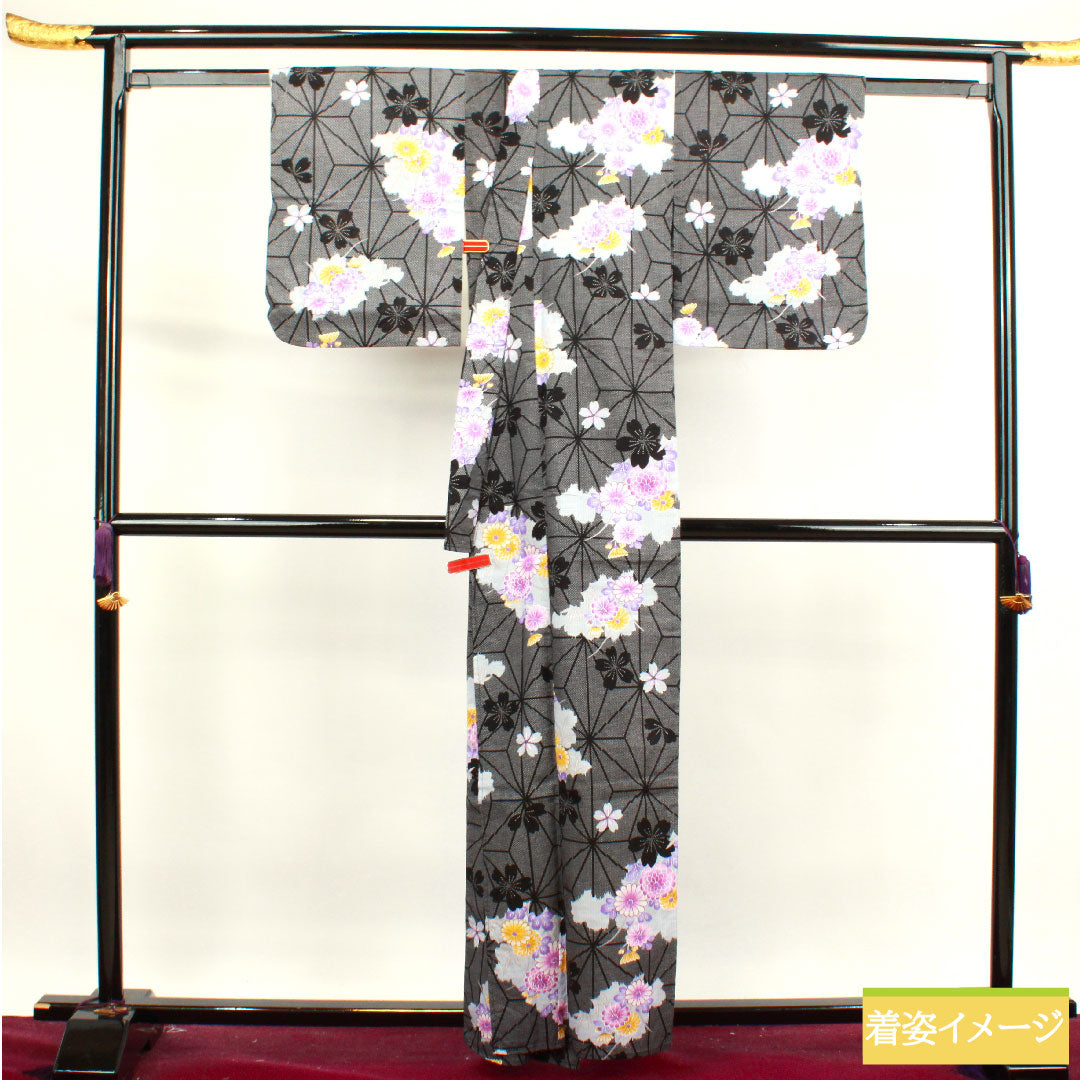 浴衣 木綿 身丈160cm 裄丈64cm Sランク 単衣 黒系 麻の葉 菊 桜 1118004532410