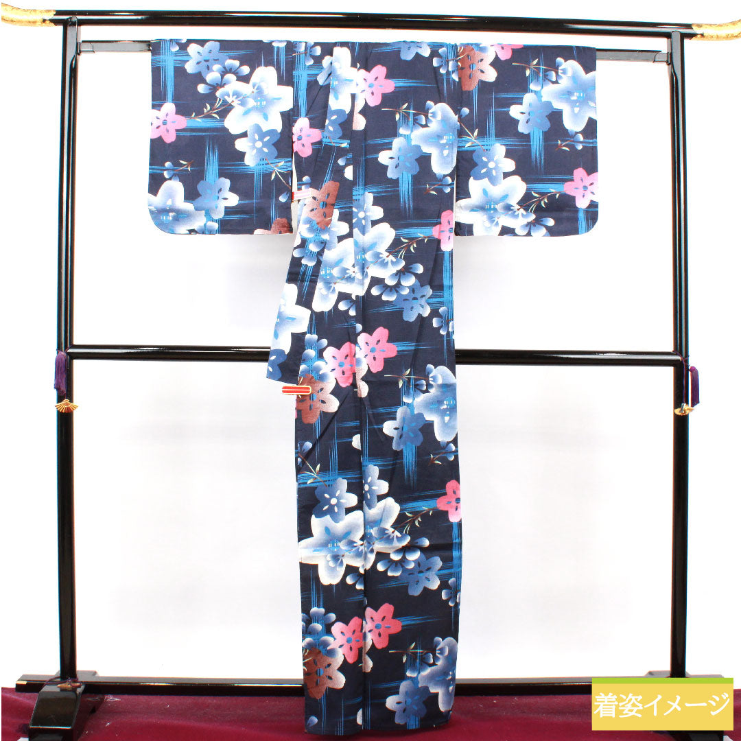 Yukata Cotton Length 163.5cm Sleeve length 65.5cm S rank Single layer Navy Deep navy (noukon-iro) Cherry blossom 1118004852418