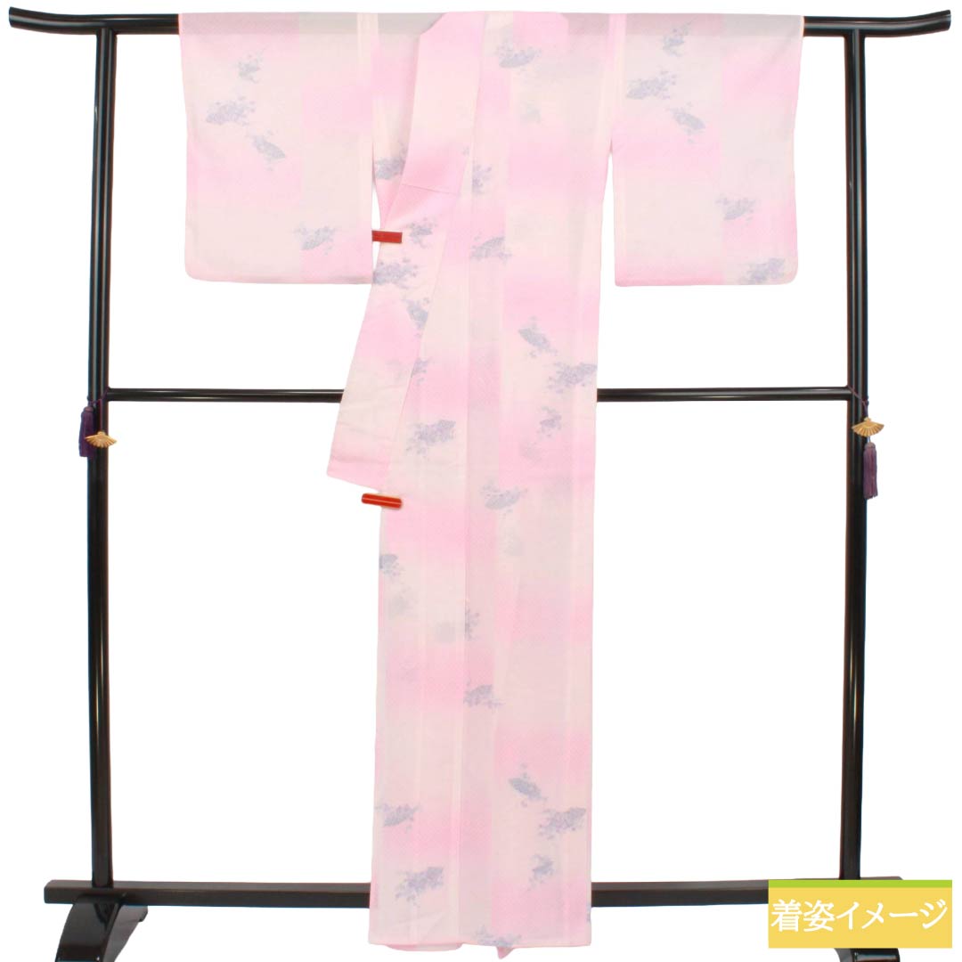 夏物 ポリエステル 小紋 Sランク 身丈162.5cm 裄丈64.5cm 浅紅色（あさべにいろ） 市松 古典模様 洗える着物 絽 ピンク系 1132003272413