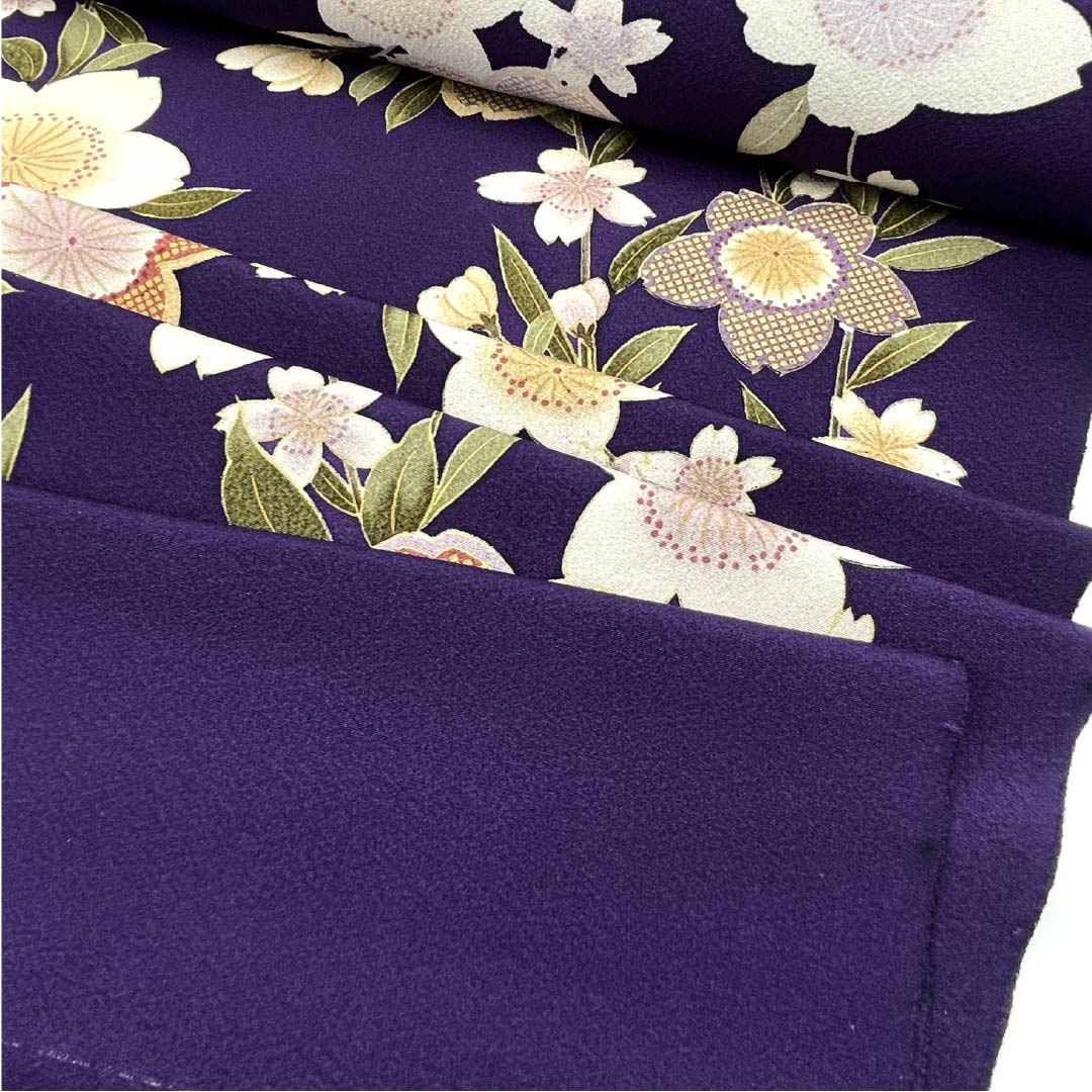Fabric, Komon, Pure Silk, Eggplant Navy Blue, Tango Chirimen, Cherry Blossom, Floral Pattern, New Rank, Purple, 1130001091920