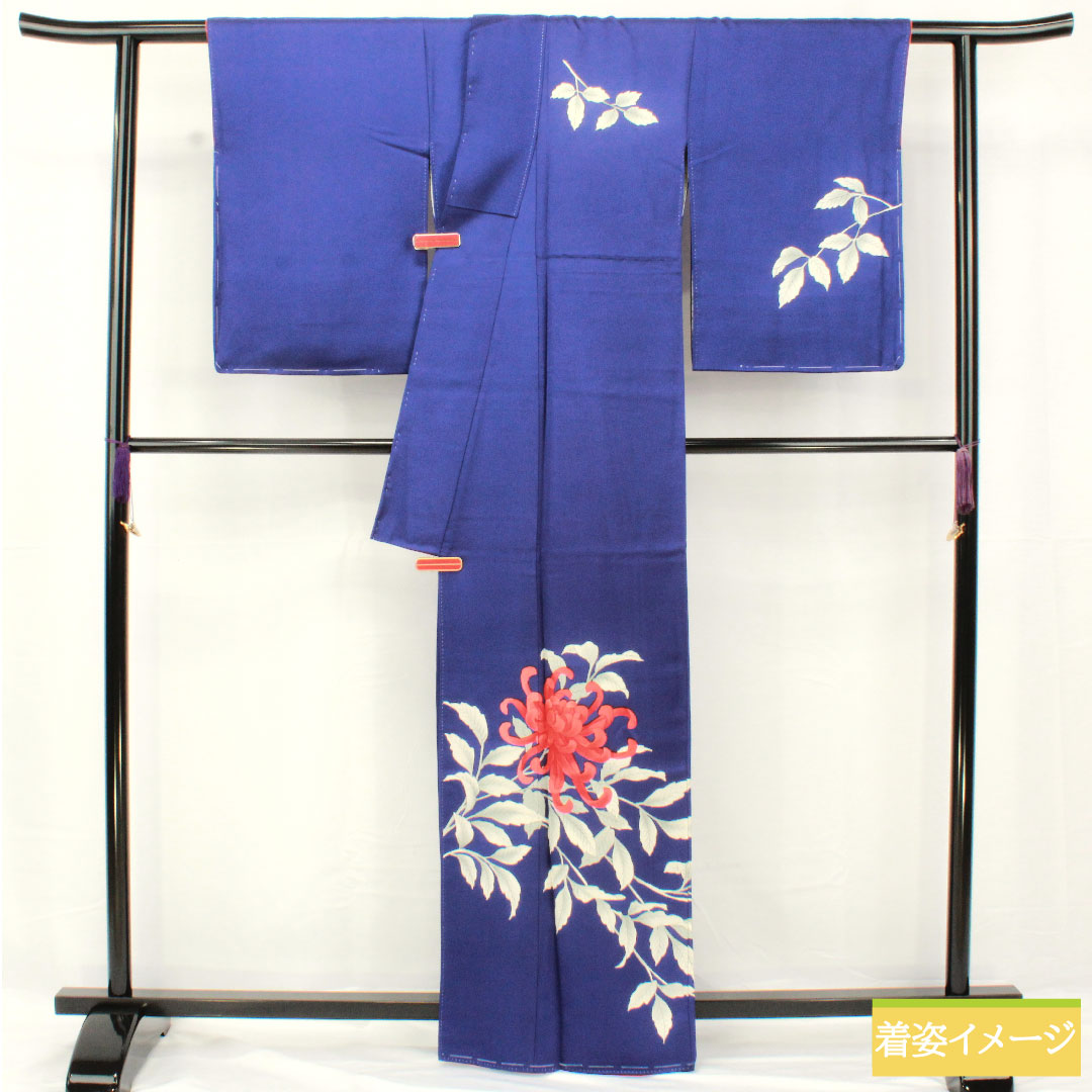 訪問着 正絹 袷 身丈163.5cm 裄丈65.5cm 瑠璃色（るりいろ） 京友禅 菊 しつけ糸付き Aランク 紺系 1112005283418