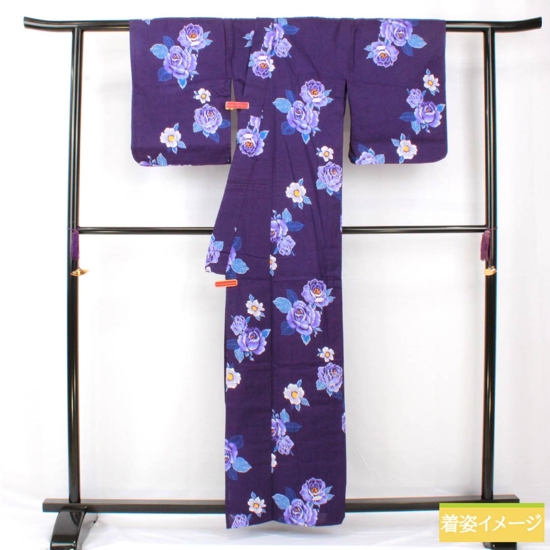浴衣 木綿 身丈160.5cm 裄丈62cm Sランク 単衣 紫系 紫紺色（しこんいろ） 薔薇 1118005342420