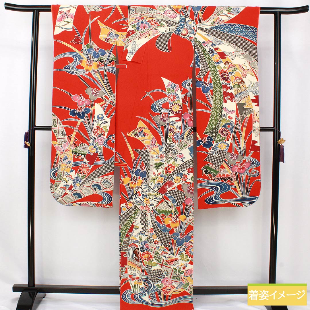 振袖 正絹 Sランク 身丈166cm 裄丈67cm 袷 赤色（あかいろ） 京紅型 束ね熨斗 ちりめん地 赤系 1113002412512