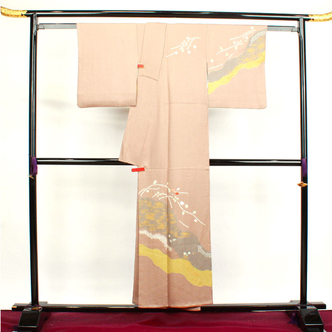 Homongi, lined, length 151.5cm, sleeve length 63cm, plum gray, tie-dye, abstract pattern, pure silk, A rank, brown, 1112002623214