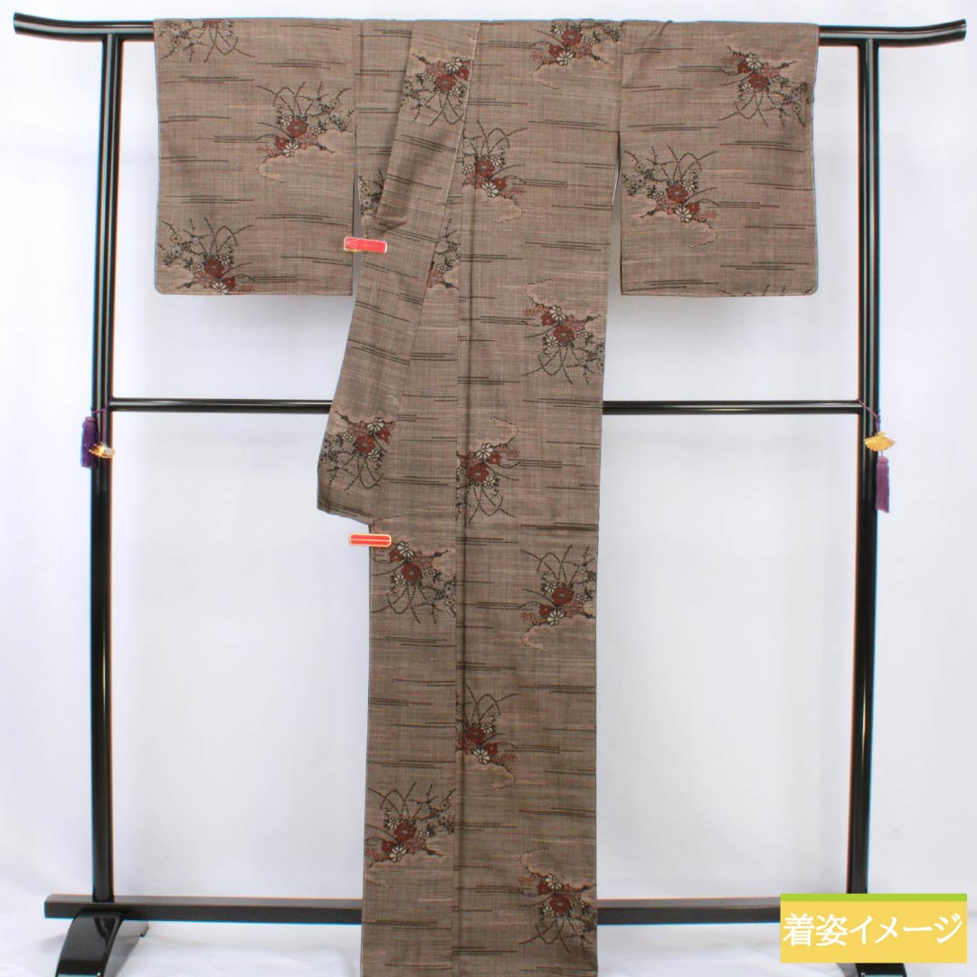 紬 正絹 Sランク 身丈170.5cm 裄丈68cm 赤墨色（あかずみいろ） 大島紬 一元絣 7マルキ 袷 茶系 1116004332614