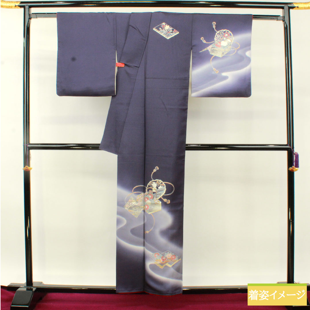 Homongi, pure silk, lined, length 157.5cm, sleeve length 66cm, dark blue, Kyo-Yuzen, multi-tiered box, braided cord, A-rank, navy blue, 1112004843318