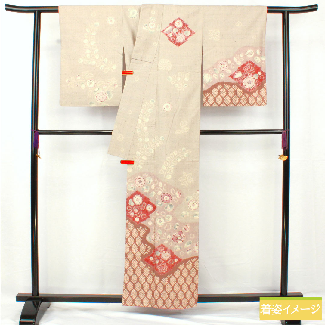 訪問着 正絹 袷 身丈157.5cm 裄丈63cm 小町鼠色（こまちねずいろ） 紬地 辻ヶ花 Sランク グレー系 1112005212322