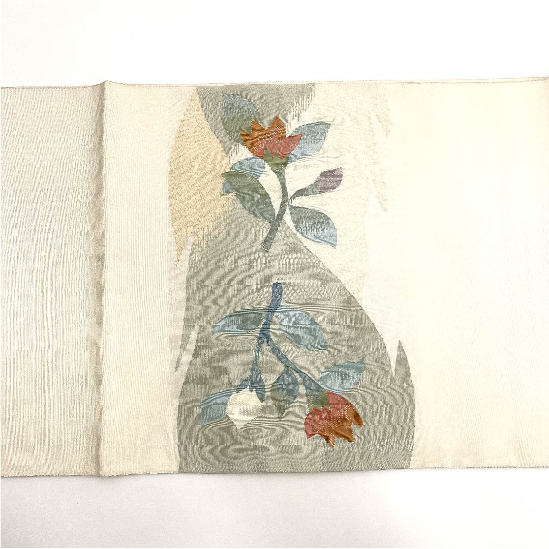 袋帯 胡粉色（ごふんいろ） 抽象模様 すくい技法 帯丈442cm 正絹 Sランク ポイント柄 カジュアル 白系 1123003002311