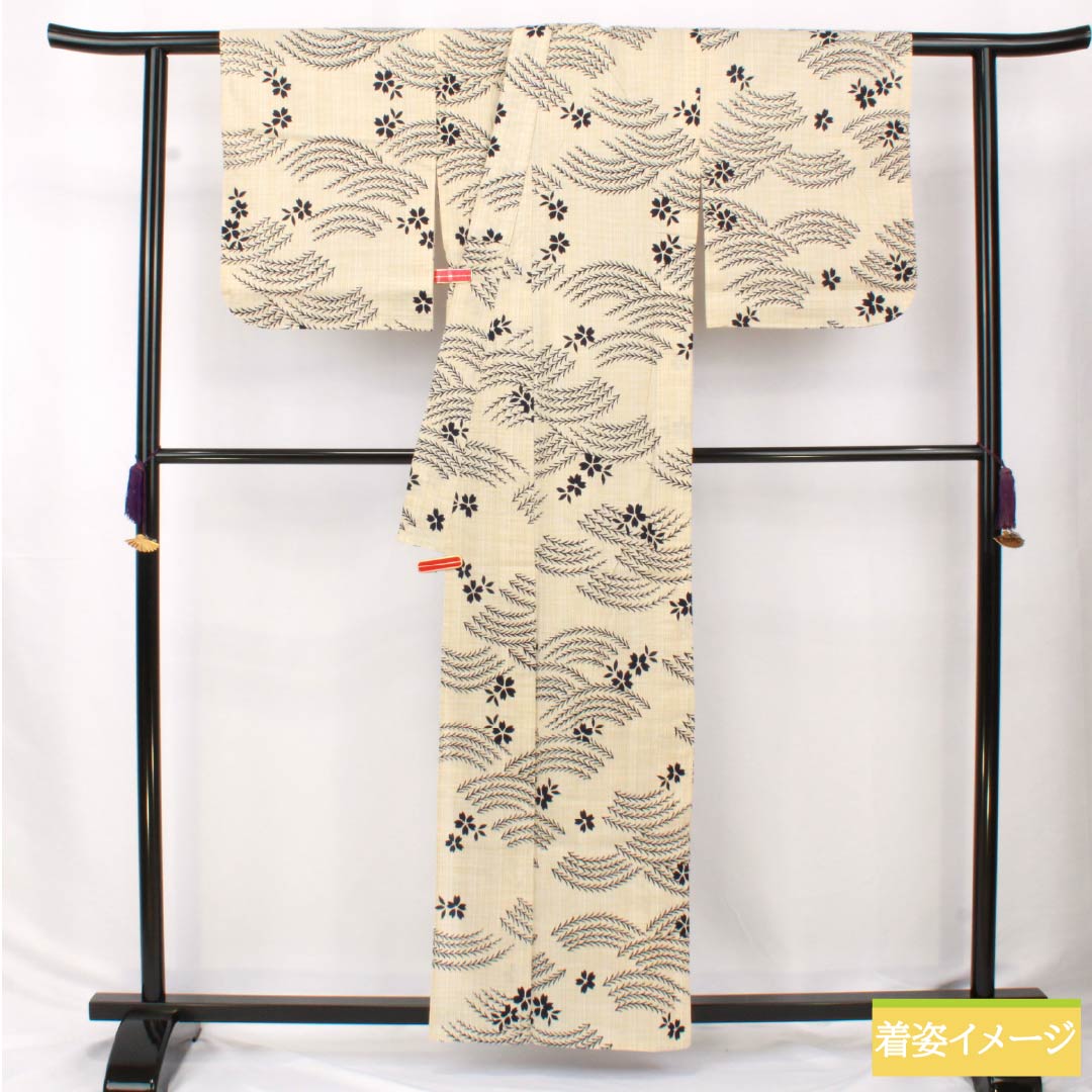 浴衣 木綿 身丈159cm 裄丈65cm Sランク 単衣 ベージュ系 桑色白茶色（くわいろしらちゃいろ） 笹 花 1118006252325