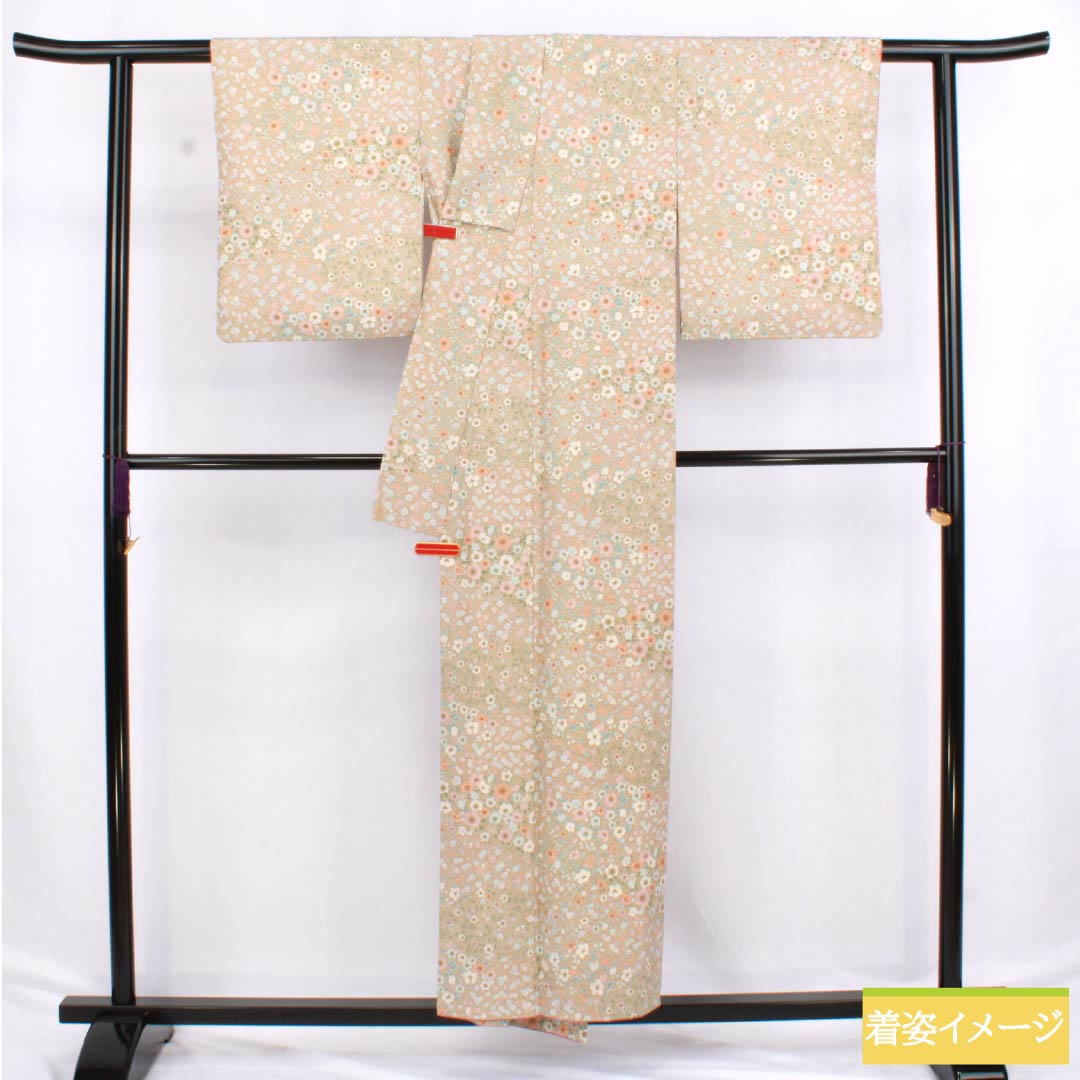 Komon (small pattern) polyester kimono, S rank, length 154cm, sleeve length 63cm, lined, Kouiro (scented color) stencil dyed floral pattern, washable, beige, 1115006532225