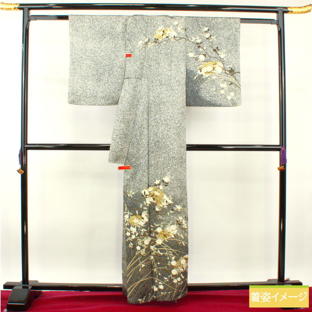 訪問着 袷 身丈160cm 裄丈62cm タタキ染 京友禅 吉祥文様 正絹 Sランク 黒系 1112003952410