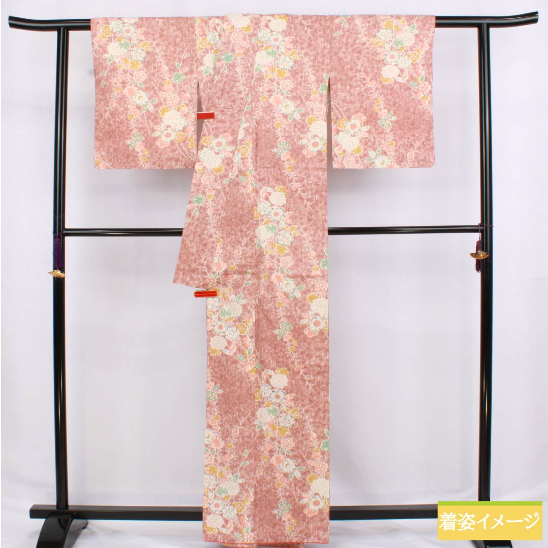 小紋 正絹 身丈162.5cm 裄丈62cm 袷 浅蘇芳色（あさきすおういろ） 紬地 辻ヶ花 Aランク ピンク系 1115006233413