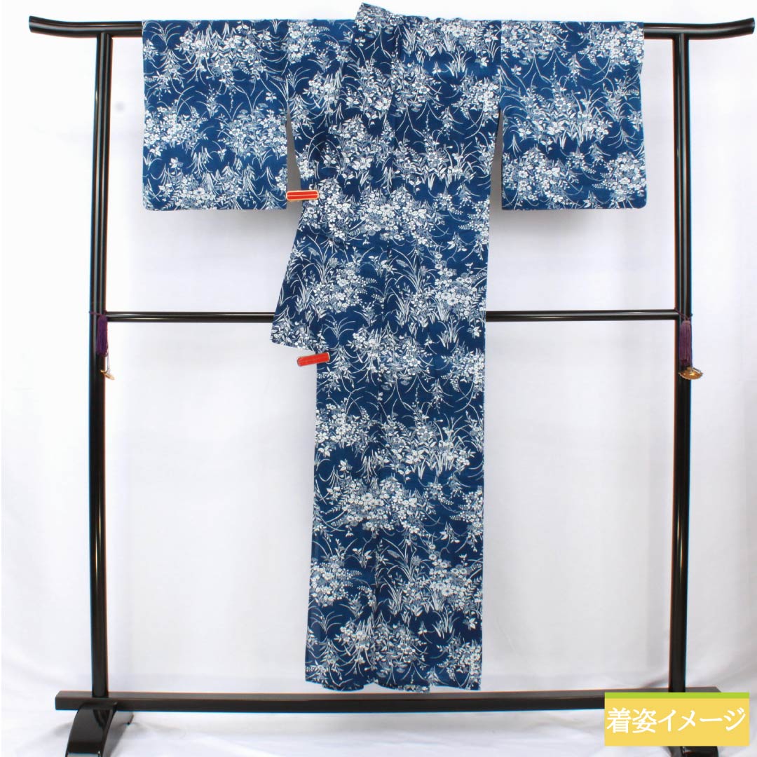 浴衣 木綿 身丈149cm 裄丈63.5cm Sランク 絽 紺系 紺桔梗色（こんききょういろ） 綿絽 総花 1118006352118
